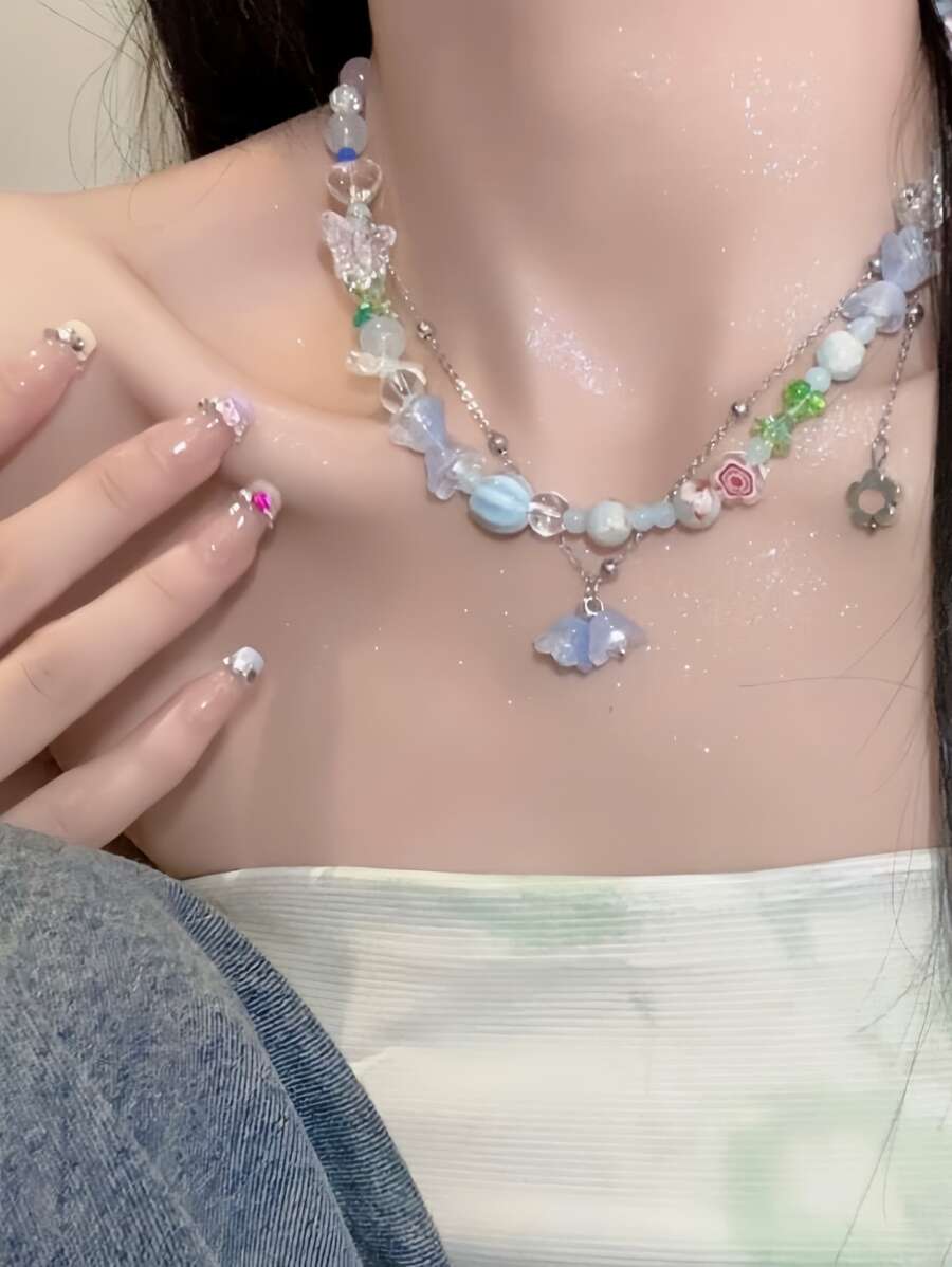 1pc Original Sweet Handmade Beaded Necklace, Small And Unique Mori Style Summer Necklace For Women Daily Wear - the flowers - View 1