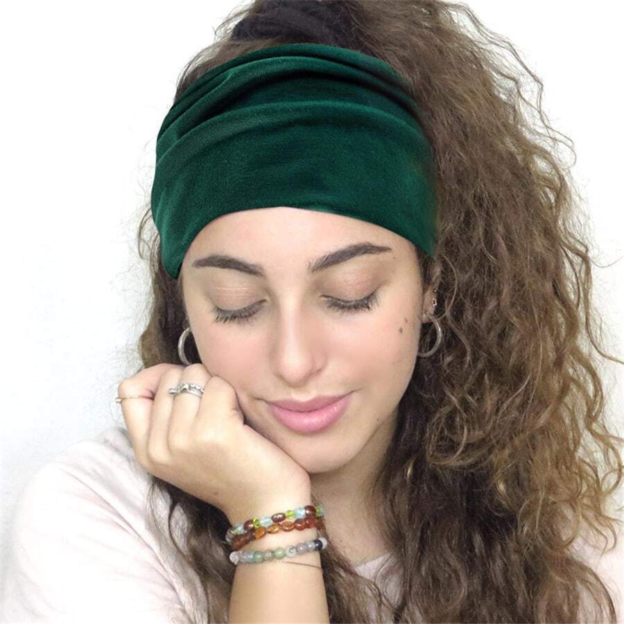 Solid Color Macaron Stretch Headband Wide Yoga Sweatband For Sports To Hold Hair And Absorb Sweat - Dark Green - View 1