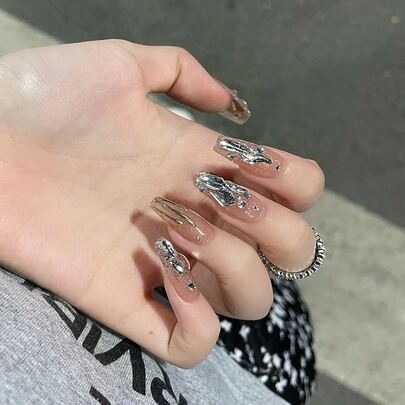 24pcs Rhinestone Decorated Long Artificial Nails, Removable White Nail Tips, European And American Style