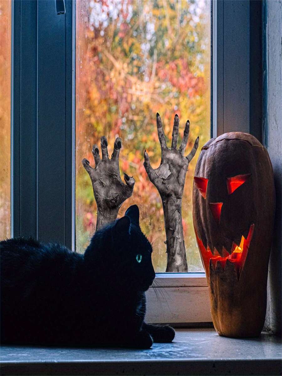 1pc Creative Halloween Wall Sticker Scary Ghost Hand-shaped Window/bathroom/floor Decoration - Black - View 1