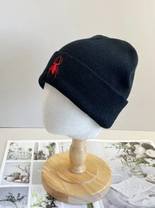 1件女士黑色針織帽,帶有蜘蛛刺繡,邊緣可摺疊,適合日常穿搭,保暖休閒 - 黑色 - 查看 2