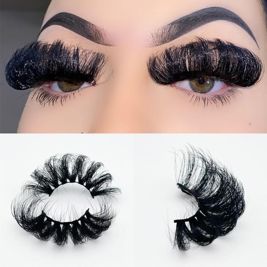 30mm戲劇性厚密蓬鬆人造貂毛睫毛長柔軟假睫毛條帶與盒子化妝品派對1對 - 黑色 - 查看 1