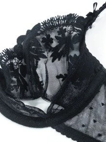 Conjunto De Ropa Interior De Encaje Semitransparente Sexy Para Mujer - Negro - Ver 4