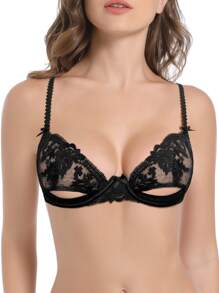 Conjunto De Ropa Interior De Encaje Semitransparente Sexy Para Mujer - Negro - Ver 2