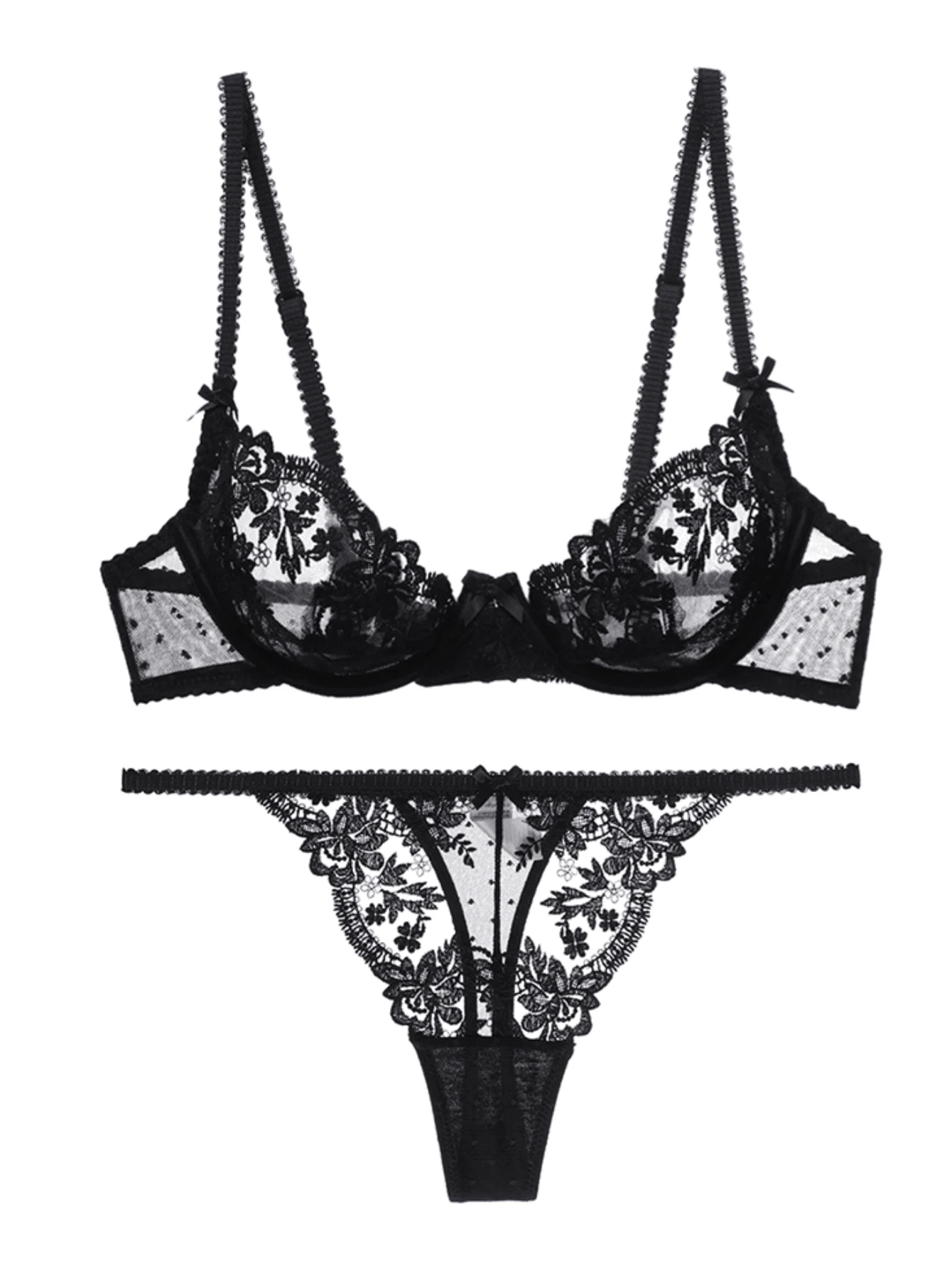 Conjunto De Ropa Interior De Encaje Semitransparente Sexy Para Mujer - Negro - Ver 1