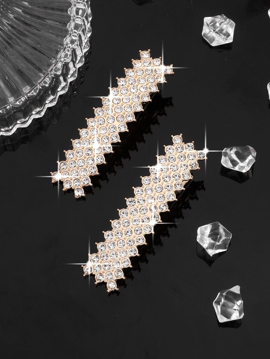 2 piezas / par de mujeres elegante dorado con diamante de imitación con diamante de imitación completo cuadrado Horquilla para Flecos - Dorado - Ver 1