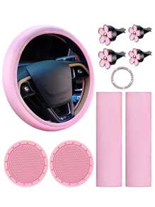 10入組套女士皮革方向盤套可愛汽車配件套裝帶安全帶肩墊安全帶套杯架閃亮啟動按鈕環貼紙通風口夾汽車配件粉色 - 粉色 - 查看 2