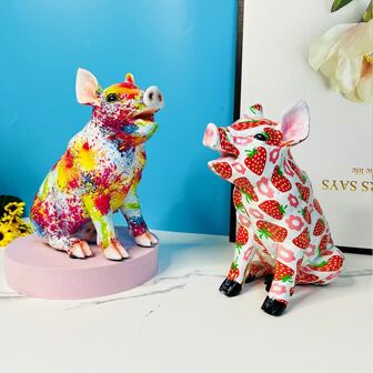 1pc Cute Strawberry Pig Figurine, Home Living Room Decor Ornaments, Colorful Polyresin Craft Gift With Random Printing Birthday