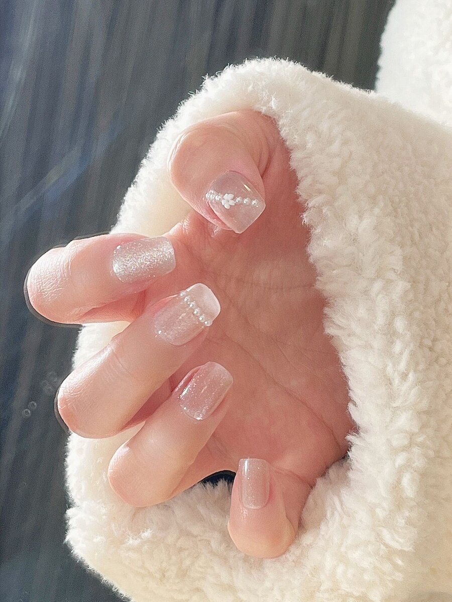 24入組最新貓眼手工指甲貼,批發法式短款裸色和鑽石設計的指甲貼,使用果凍膠粘貼 - 彩色 - 查看 1