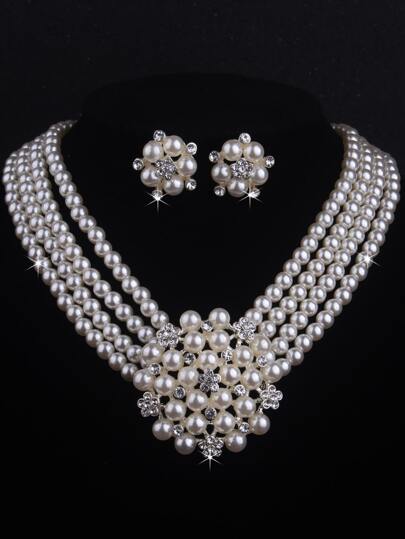 3pcs/Set Elegant Bridal Flower Shaped 4 Rows Of Beads & Rhinestone Necklace And Earrings Women's Wedding Dress Accessories Stage Performance Jewelry Valentines