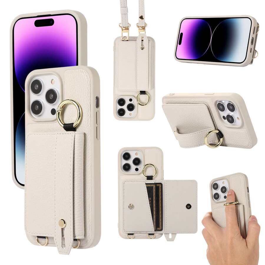 Detachable Phone Lanyard Neck Strap Wallet Phone Case Compatible With iPhone 14 13 12 11 Pro Max Plus Adjustable Wrist Strap Stand Card Holder Functions Leather Cover (White) - White - View 1