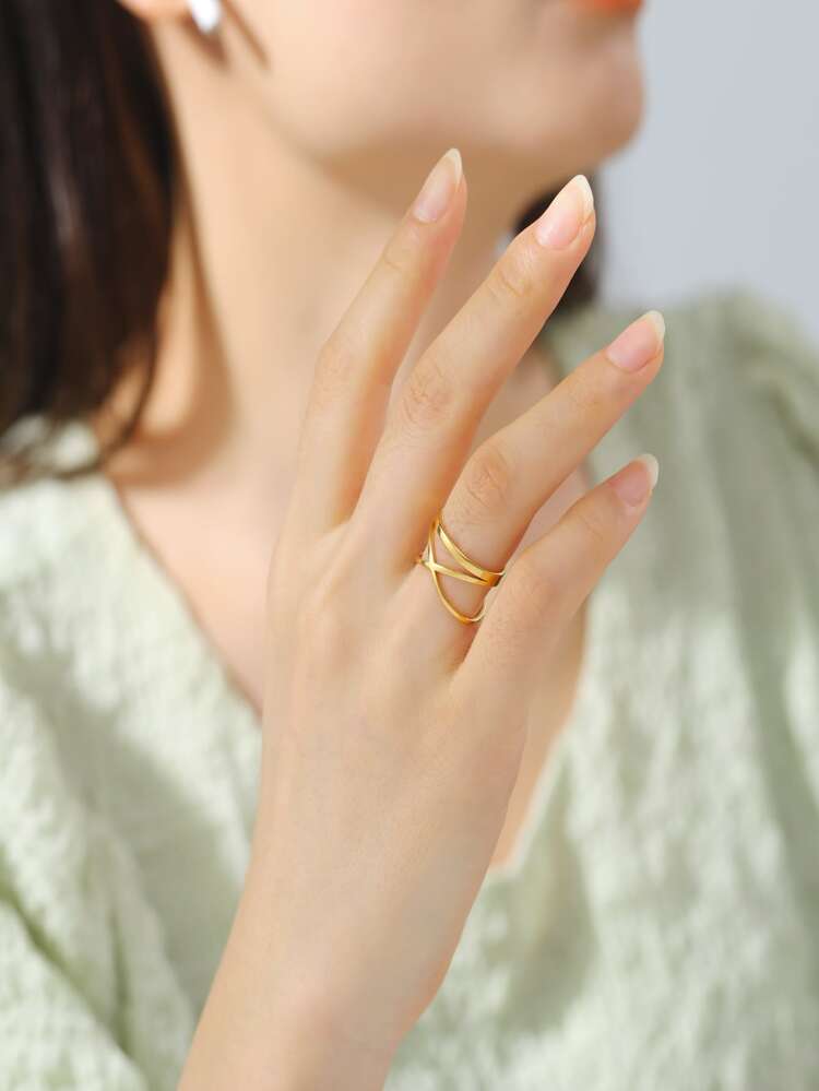 1pc Women's Stainless Steel Geometric Line & Criss Cross Design Minimalist Ring Accessory