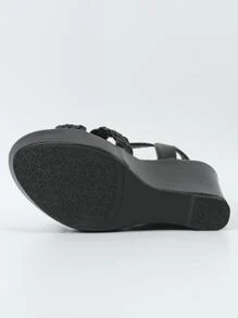 Black Wedge Heel Sandals For Women, Thick Sole High Heels, Comfortable Woven Straps, Peep Toe, Back Zipper Closure - Black - View 3