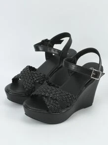 Black Wedge Heel Sandals For Women, Thick Sole High Heels, Comfortable Woven Straps, Peep Toe, Back Zipper Closure - Black - View 2