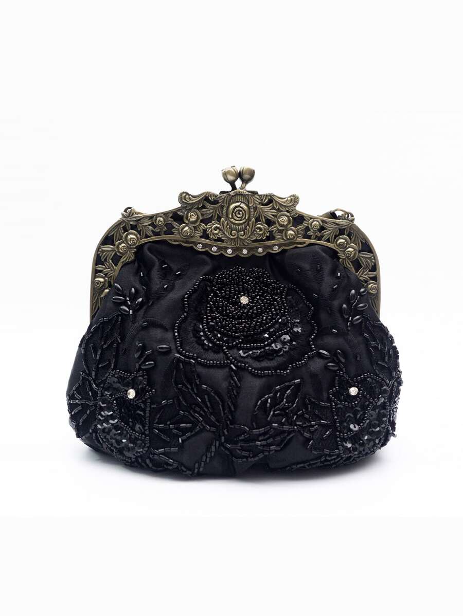 Bolsa clutch formal estilo anos 20, vintage, com bordado de rosa preta, miçangas e lantejoulas. Ideal para ocasiões formais femininas, festas, casamentos, vestidos de noiva, presentes para mulheres, mães, aniversários e festivais de música. - Preto - Ver 1