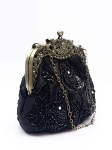 Bolsa clutch formal estilo anos 20, vintage, com bordado de rosa preta, miçangas e lantejoulas. Ideal para ocasiões formais femininas, festas, casamentos, vestidos de noiva, presentes para mulheres, mães, aniversários e festivais de música. - Preto - Ver 2