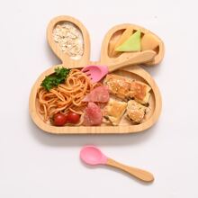 Bamboo-made Baby Food Plate, Cartoon Children's Tableware, Silicone Suction Cup Fixed Anti-slip Bamboo Plate For Infant Feeding - Pink - View 1