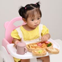 Bamboo-made Baby Food Plate, Cartoon Children's Tableware, Silicone Suction Cup Fixed Anti-slip Bamboo Plate For Infant Feeding - Pink - View 4