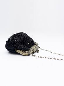 Bolsa clutch formal estilo anos 20, vintage, com bordado de rosa preta, miçangas e lantejoulas. Ideal para ocasiões formais femininas, festas, casamentos, vestidos de noiva, presentes para mulheres, mães, aniversários e festivais de música. - Preto - Ver 6