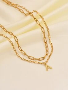 2 件时尚潮流简约淑女风格金色 26 字母不锈钢项链套装 - 金色 - 查看 4