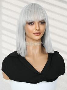 波波頭假髮帶劉海直發白色射擊假髮14英寸耐熱纖維合成假髮適合女士日常使用 - 銀色 - 查看 3