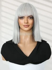 波波頭假髮帶劉海直發白色射擊假髮14英寸耐熱纖維合成假髮適合女士日常使用 - 銀色 - 查看 1