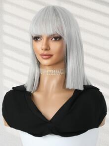 波波頭假髮帶劉海直發白色射擊假髮14英寸耐熱纖維合成假髮適合女士日常使用 - 銀色 - 查看 5