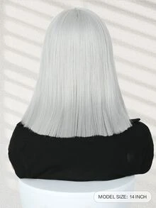 波波頭假髮帶劉海直發白色射擊假髮14英寸耐熱纖維合成假髮適合女士日常使用 - 銀色 - 查看 2