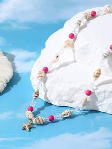 1 件波西米亚海滩随机颜色天然贝壳、海星、绿松石串珠链项链，适合女士 - 粉色 - 查看 3