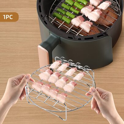 1入組不銹鋼雙層架帶圓形造型和方形腳和4串燒適用於空氣炸鍋,電動油炸鍋和