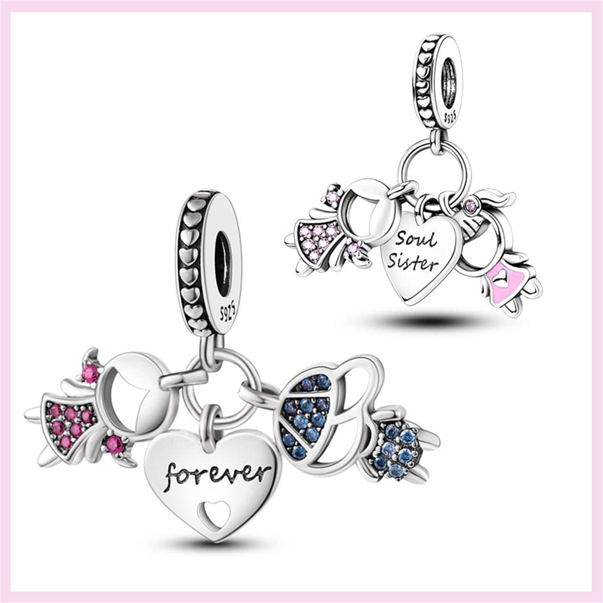 一入組情侶吊墜925 銀姐姐首飾類&朋友吊墜適用於原始蛇鏈條和手鐲項鍊珠子DIY女孩生日禮物 - 杏色 - 查看 1