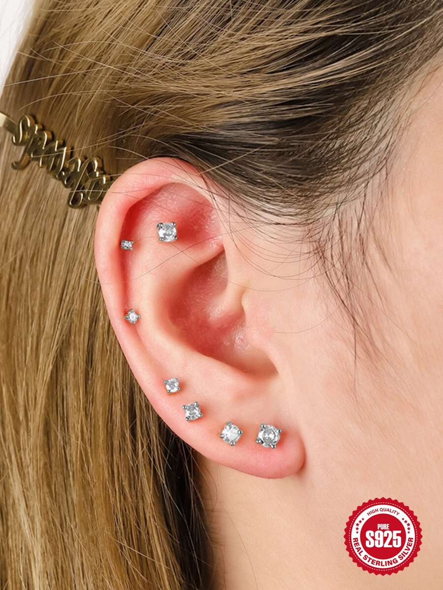 6 Tối giản 925 sterling bạc Nhiều kích cỡ Khối Zirconia Bông tai stud NỮ Hằng ngày Bộ trang sức - Bạc - Xem 1