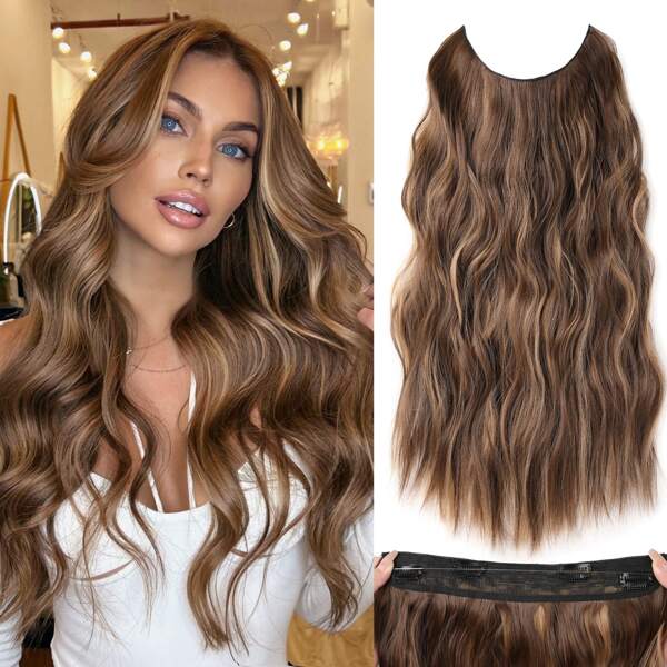 Extensões De Cabelo 20 Polegadas Trama De Cabelo Clip-in Com Arame Invisível Tamanho Ajustável Onda Longa Com 4 Grampos De Fixação Para Mulheres