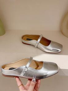 软底平底凉鞋，玛丽珍款式，半拖鞋，防滑，大码女鞋，欧码 41-43 - 銀色 - 查看 2