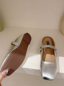 软底平底凉鞋，玛丽珍款式，半拖鞋，防滑，大码女鞋，欧码 41-43 - 銀色 - 查看 3