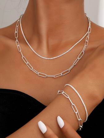 4入組簡約風銀項鍊和手鐲首飾套裝適合女士,完美適用於日期和度假,禮品