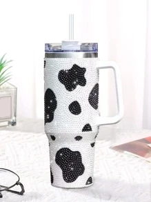 1pc Sparkling Adorned 40oz Cowhide Pattern Stainless Steel Tumbler With Straw, Large Capacity Water Bottle - Black - View 1