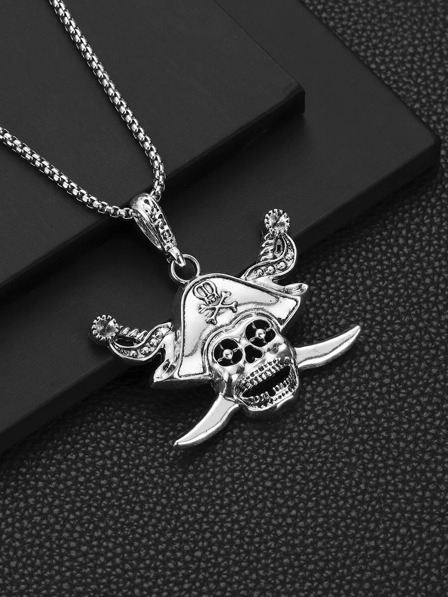 1 件波西米亚风格小众设计合金海盗骷髅吊坠项链，时尚炫酷，适合男士 - 復古銀色 - 查看 1