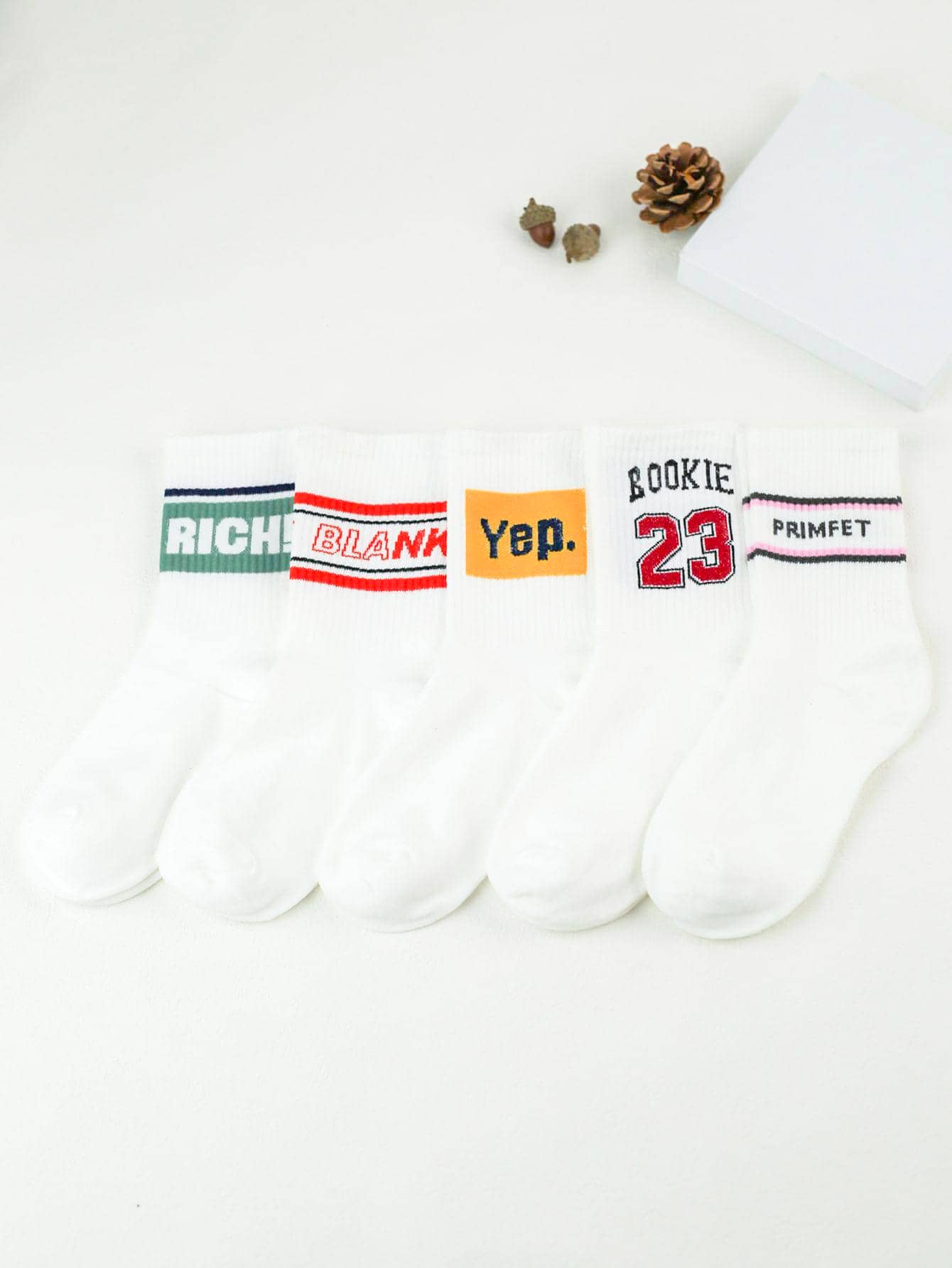 5pairs Men Letter Graphic & Striped Print Fashionable Crew Socks For Daily Life - Multicolor - View 1