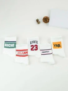 5pairs Men Letter Graphic & Striped Print Fashionable Crew Socks For Daily Life - Multicolor - View 4