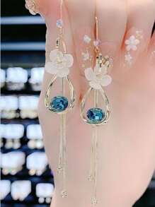 新品上市花朵流苏设计长款吊坠耳环，百搭时尚的情人节配饰 - 藍色 - 查看 1