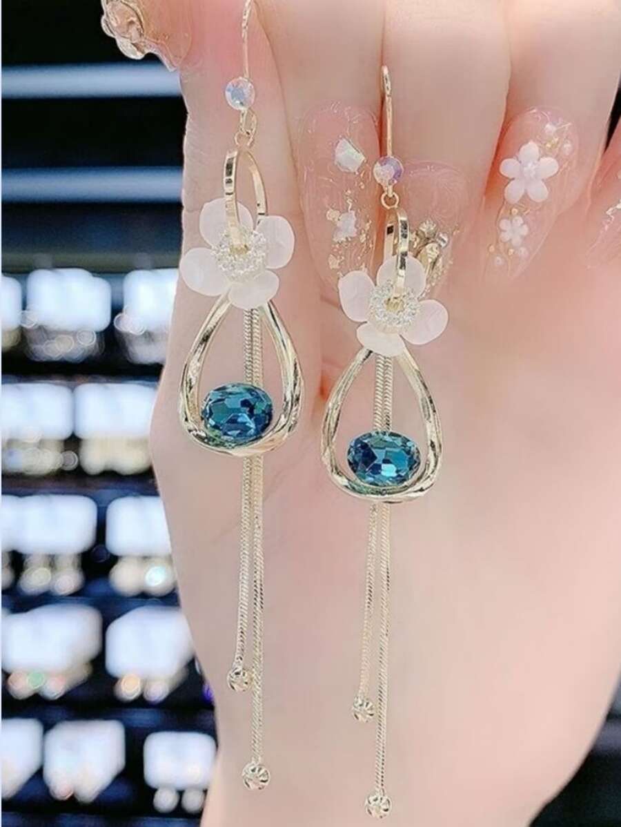 新品上市花朵流苏设计长款吊坠耳环，百搭时尚的情人节配饰 - 藍色 - 查看 1