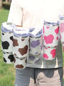 1pc Sparkling Adorned 40oz Cowhide Pattern Stainless Steel Tumbler With Straw, Large Capacity Water Bottle - Black - View 2