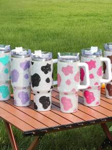 1pc Sparkling Adorned 40oz Cowhide Pattern Stainless Steel Tumbler With Straw, Large Capacity Water Bottle - Black - View 3