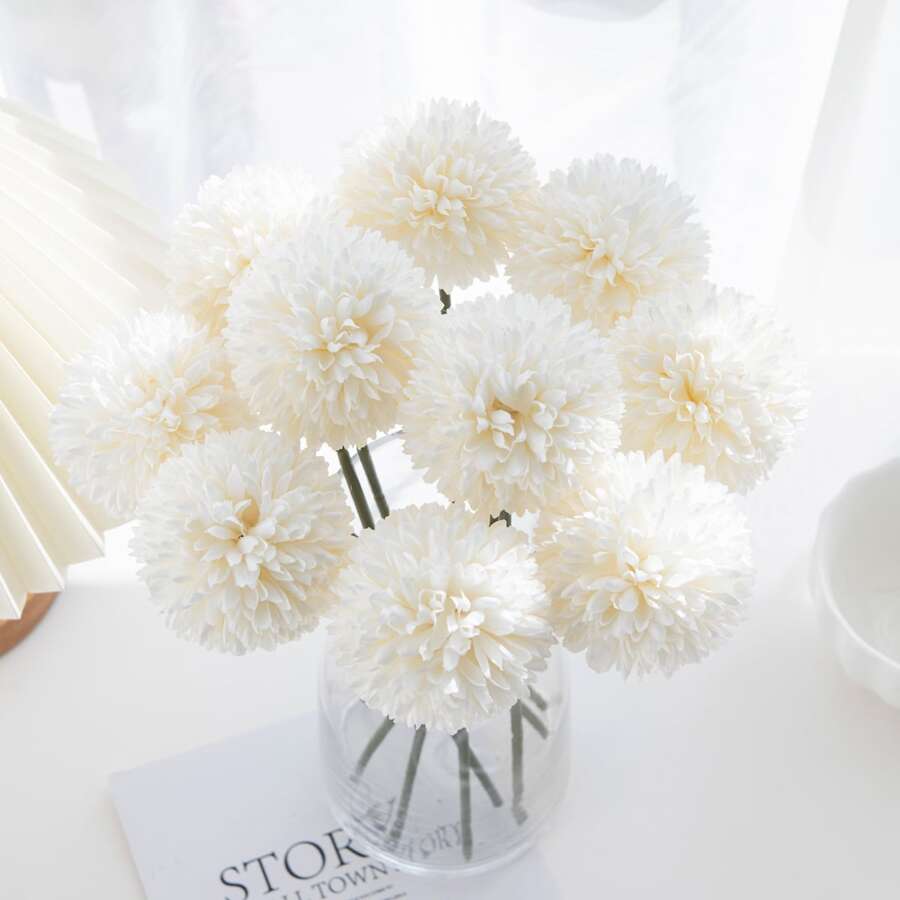 1入組/5入組/10入組人造球，菊花，刺繡球花束，家居花瓶裝飾，餐廳，臥室，插花，婚禮，新娘手花，手腕花，胸花DIY工具，生日派對用品，情人節禮物和新年禮物 - 白色 - 查看 1