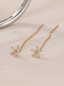 Nooxian 1pair Fashionable Minimalist Micro-Inlaid Zirconia Flower Shaped Threader Earrings Valentines - Yellow Gold - View 3