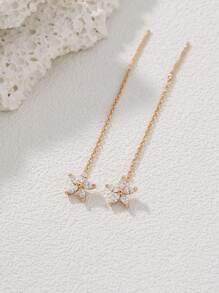 Nooxian 1pair Fashionable Minimalist Micro-Inlaid Zirconia Flower Shaped Threader Earrings Valentines - Yellow Gold - View 2