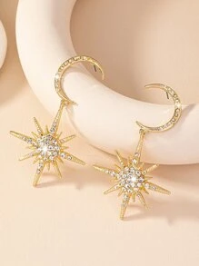 1 par Pendientes de color metálico con diseño de estrella y luna con con diseño de diamante de imitación , exquisito con elegante - Amarillo Oro - Ver 3