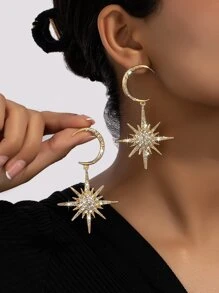 1 par Pendientes de color metálico con diseño de estrella y luna con con diseño de diamante de imitación , exquisito con elegante - Amarillo Oro - Ver 1