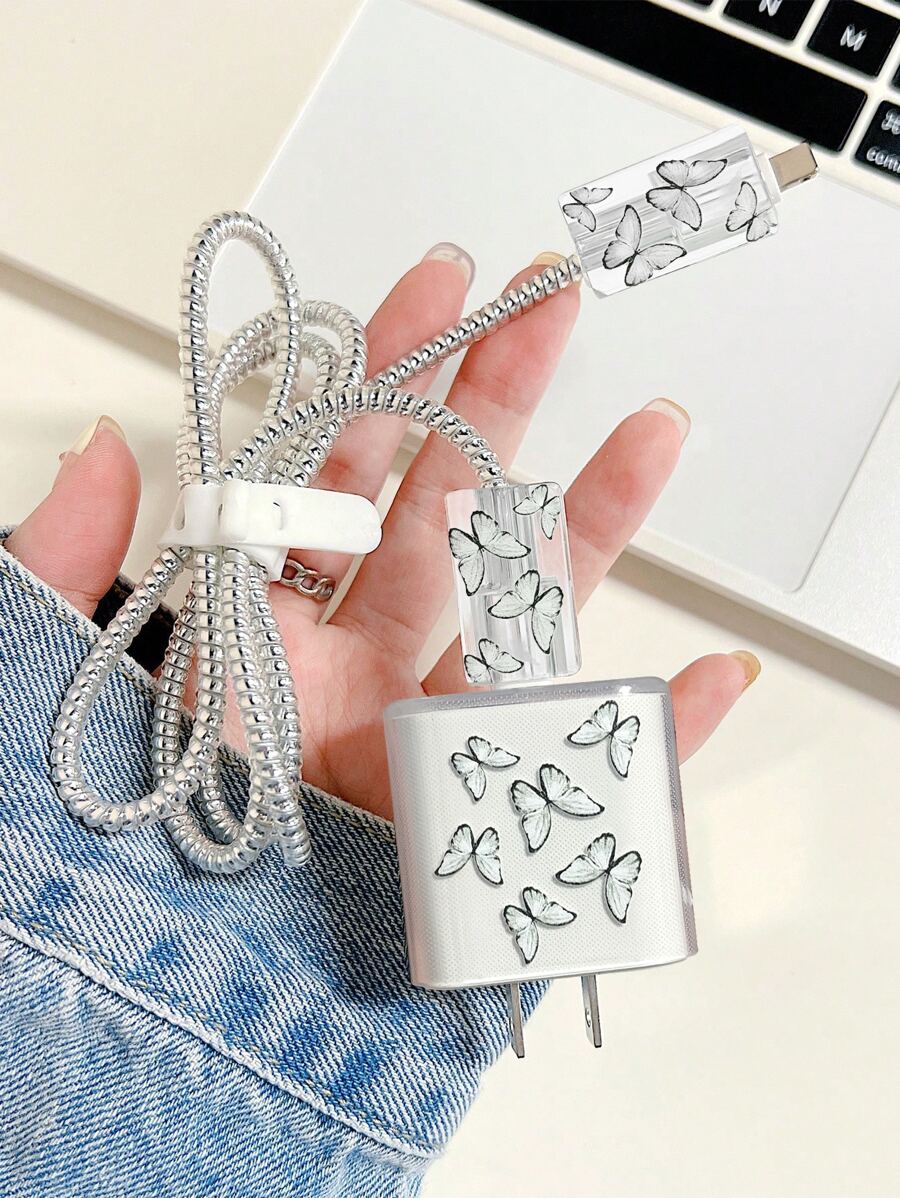5 piezas con estampado de gato de dibujos animados Protector de cable de dato Set - Blanco - Ver 1